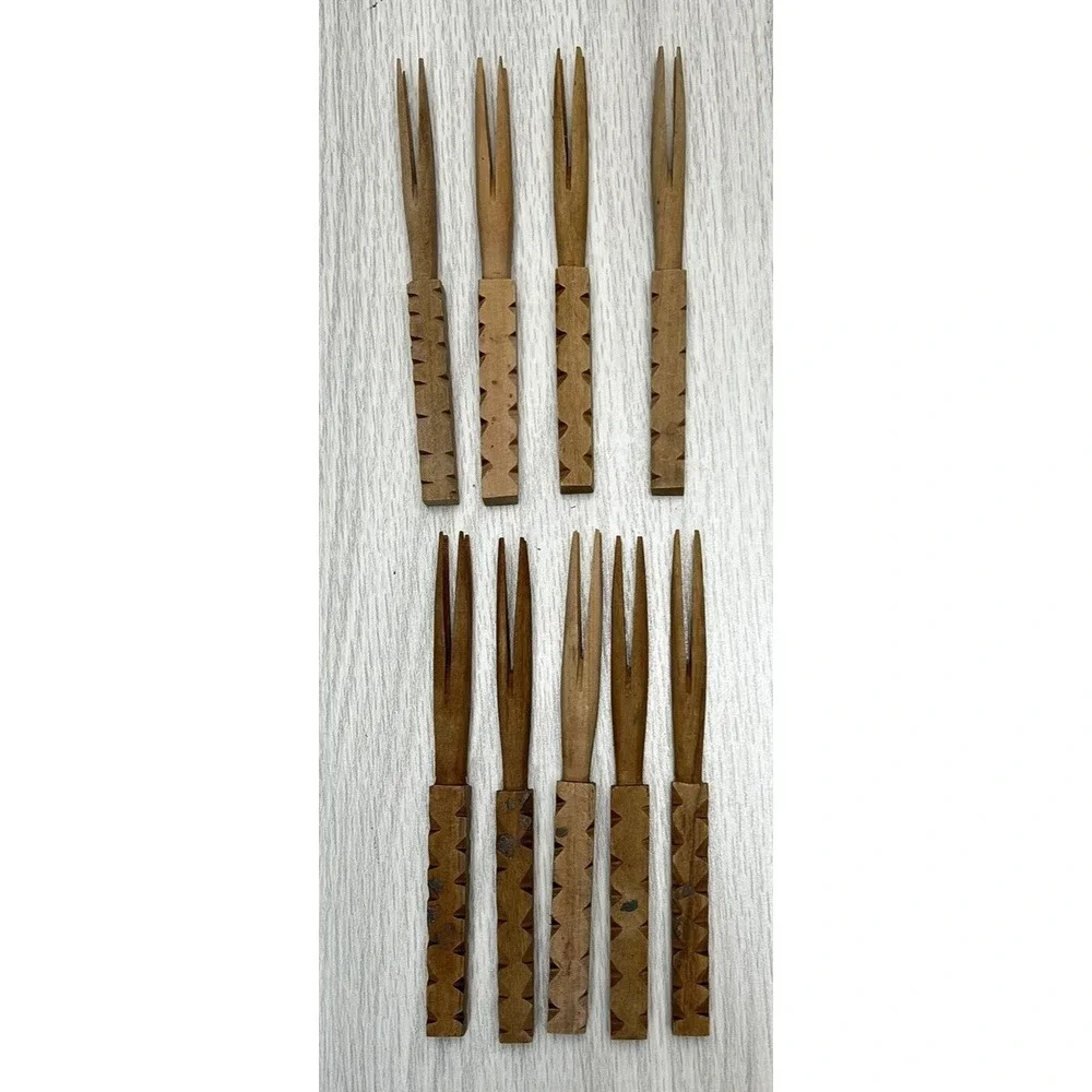 Vintage Mini Wooden Cannibal Forks Collectible Hors D Oeuvre Party Lot Of 9